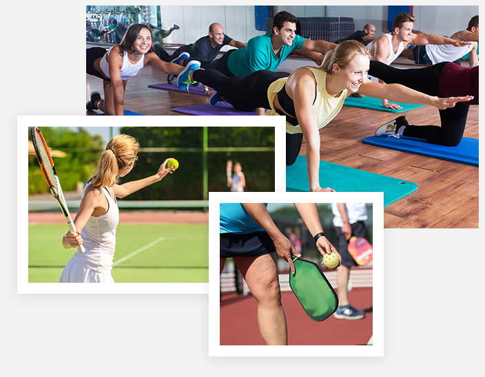 Split image: Fitness, tennis, and pickleball activities.