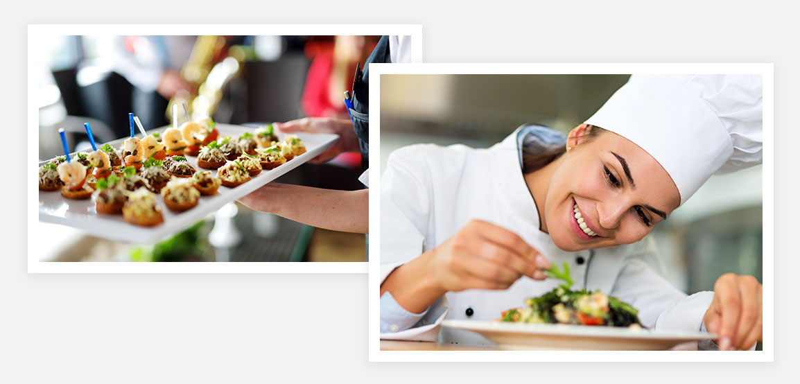 Chef smiles as she prepares food for a catered event.