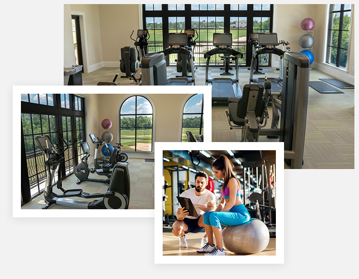 Fitness room at the Bear’s Den Resort Orlando’s Nicklaus Clubhouse, with large windows offering expansive views of the Jack Nicklaus golf course.