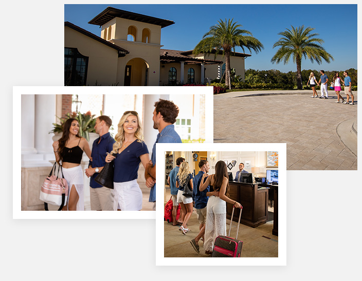 Split image: Couples walk hand in hand around the Jack Nicklaus Clubhouse.