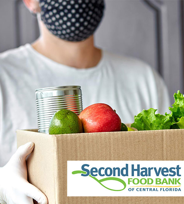 Split image: Man wearing a face mask delivering groceries / Second Harvest Food Bank of Central Florida logo.