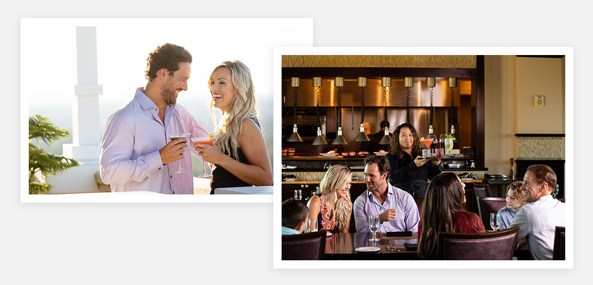Split image of a couple and a family dining at Traditions restaurant in The Bear’s Den Resort Orlando’s Jack Nicklaus Clubhouse.