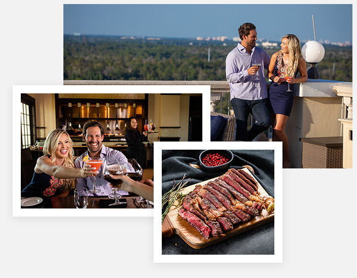 Split image of a couple dining at The Bear’s Den Resort Orlando and a platter or strip steak.