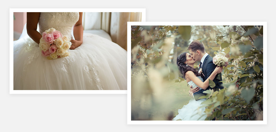 Split image: Bride in her wedding dress holding a bouquet / bride and groom kissing in a garden.