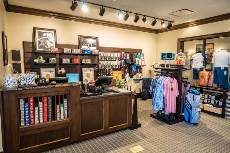 Merchandise and checkout counter in the Jack Nicklaus Clubhouse’s gift shop.