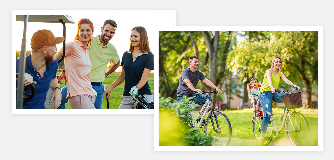 Split image: Group on the golf course with a golf cart, and a family riding bicycles.