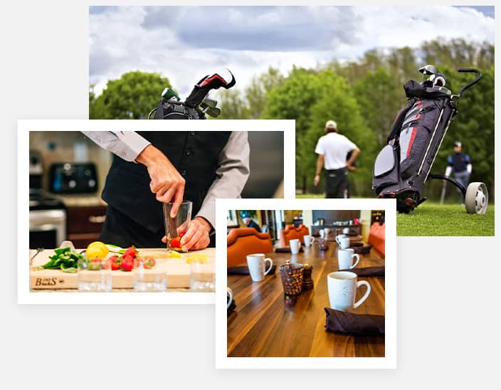 Set of three photos: Group on the golf course, in-home bartender experience, and table set at Traditions Restaurant.