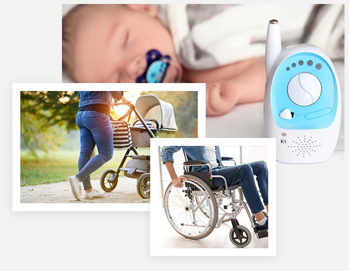 Equipment available for rent include strollers, baby monitors, and wheelchairs.