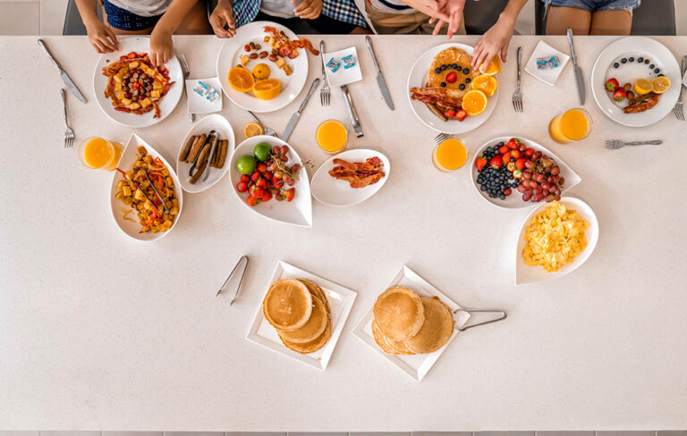 Overhead view of breakfast plates sitting on a counter