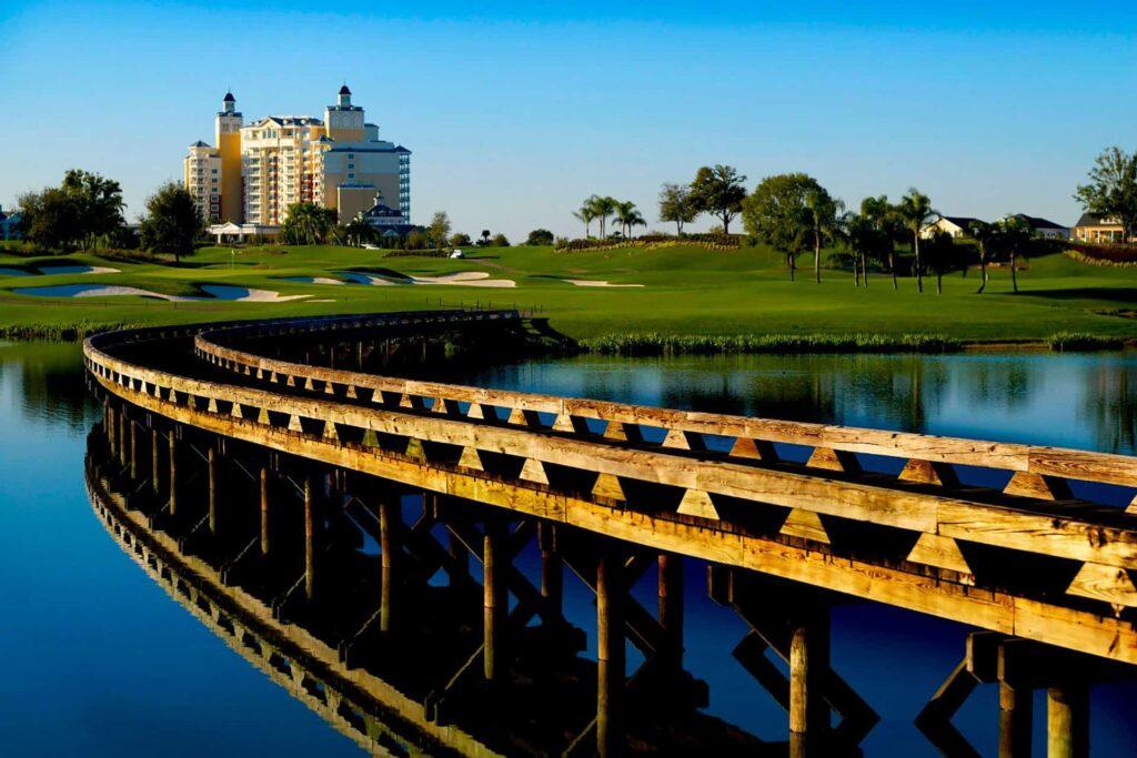 Long bridge over the lake along the Arnold Palmer Golf Course at Reunion Resort.