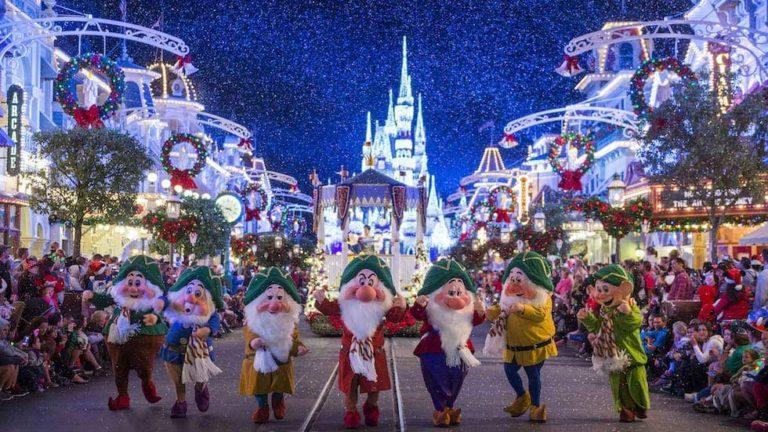 Seven dwarfs in the Very Merry Christmas parade at the Magic Kingdom in Disney World Orlando