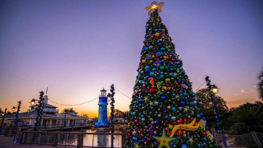 Christmas tree with marine life theming at SeaWorld Orlando