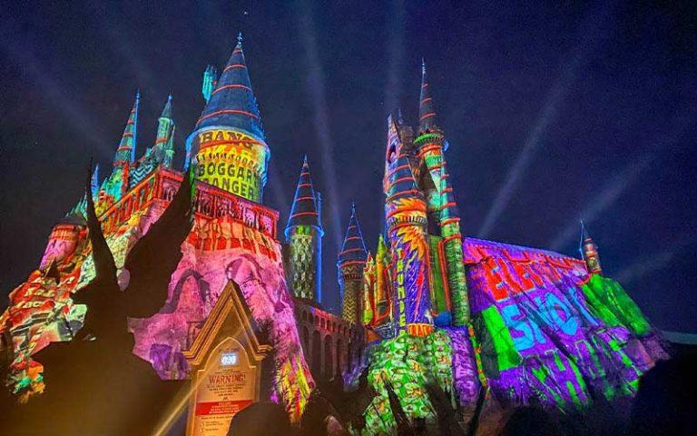 Hogwarts castle lit up for Christmas at Universal Orlando Resort