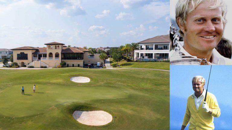 Collage of Jack Nicklaus at various golf tournaments and aerial view of the clubhouse at the Bear's Den Resort