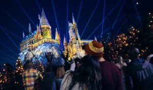Hogwarts Castle lit up for Christmas at Universal Orlando Resort