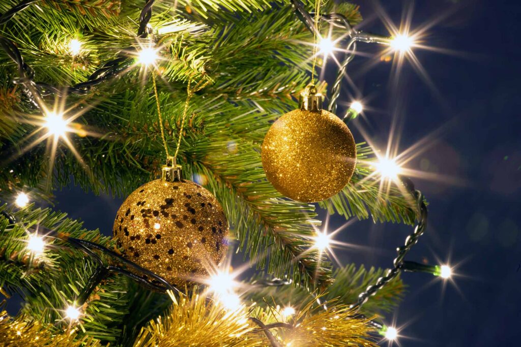 Christmas tree ornaments and lights