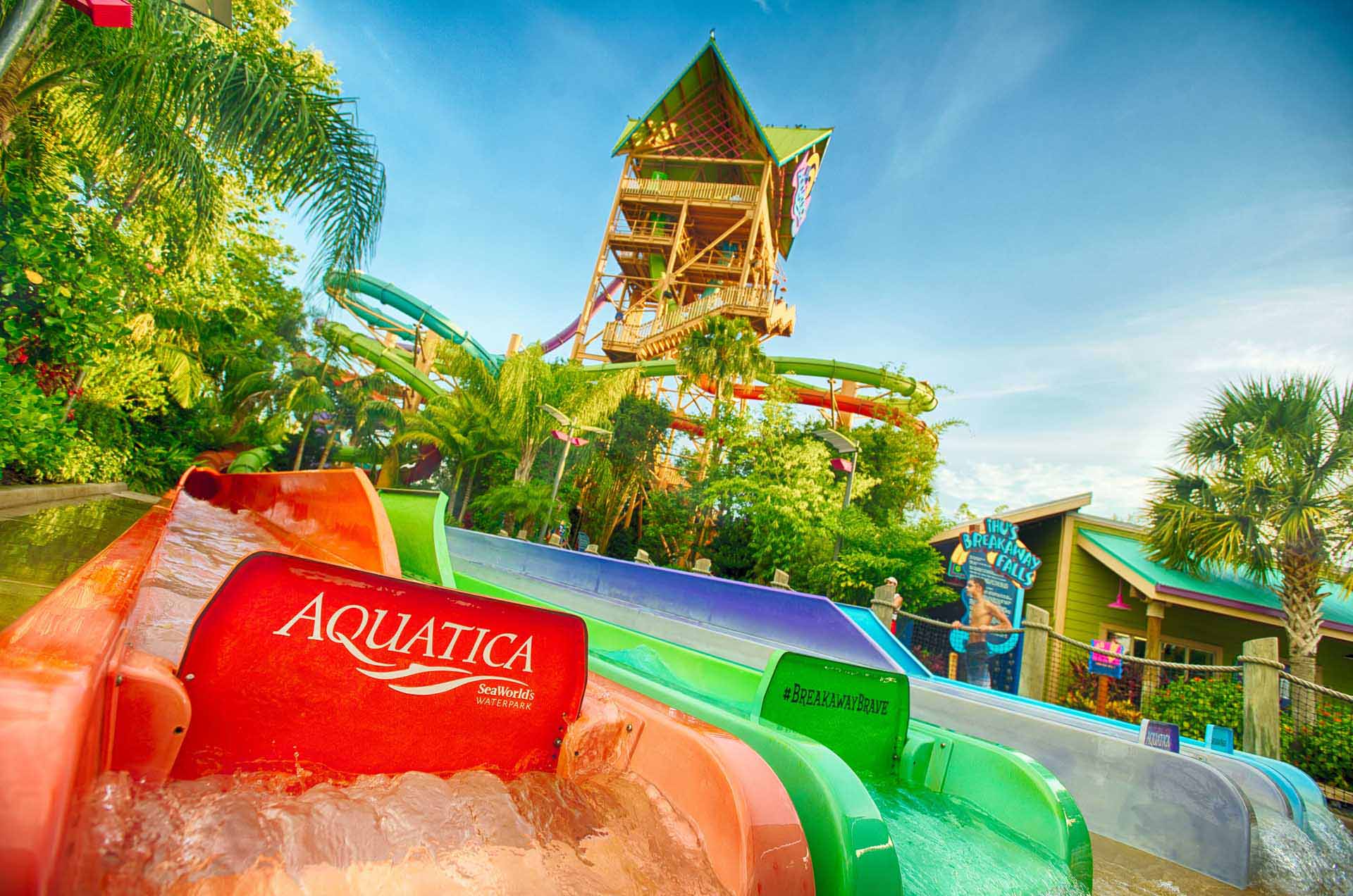 Multicolored waterslides at Aquatica