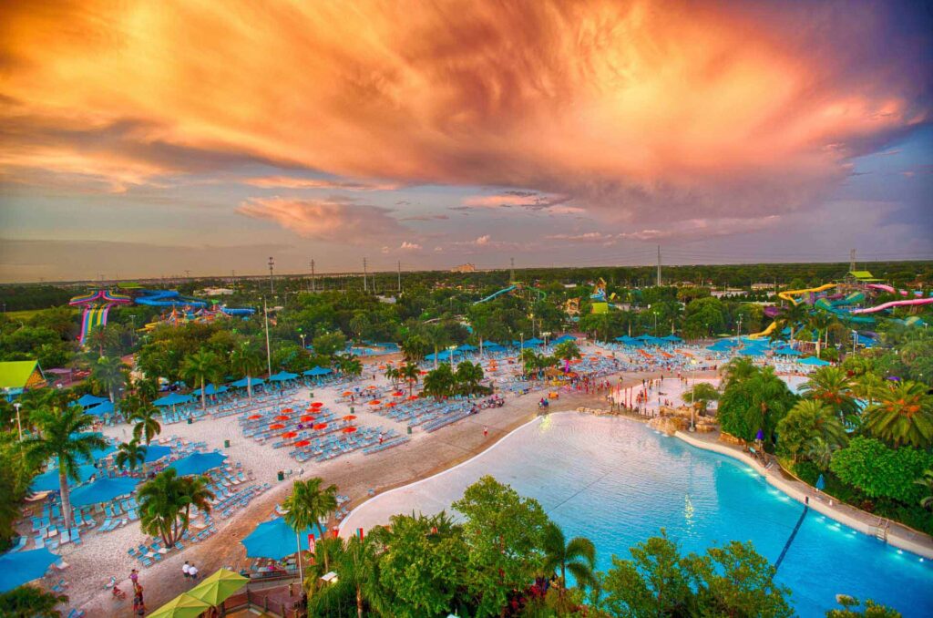 Aerial view of Aquatica water park at sunset