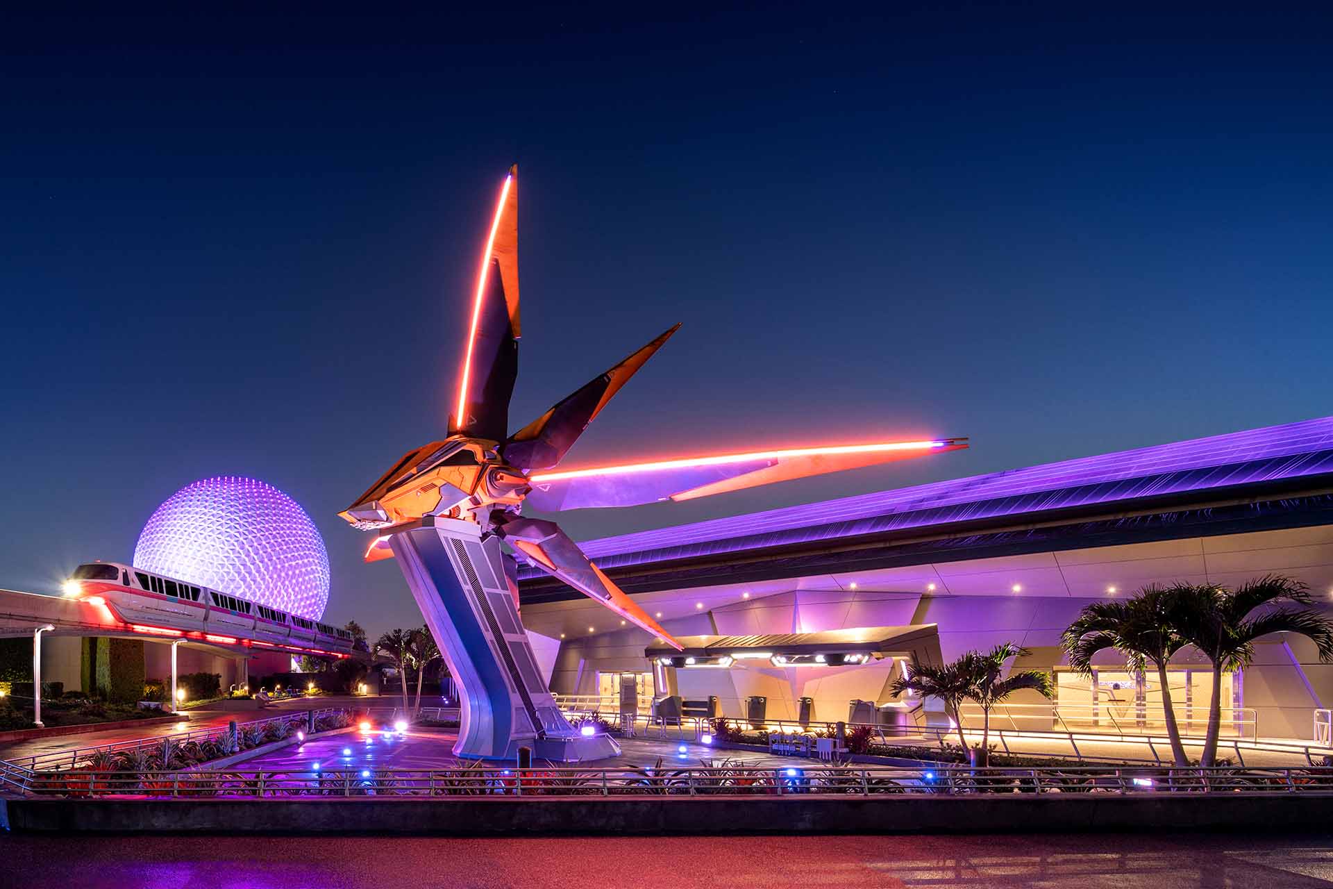 Exterior of the Guardians of the Galaxy: Cosmic Rewind roller coaster at nighttime