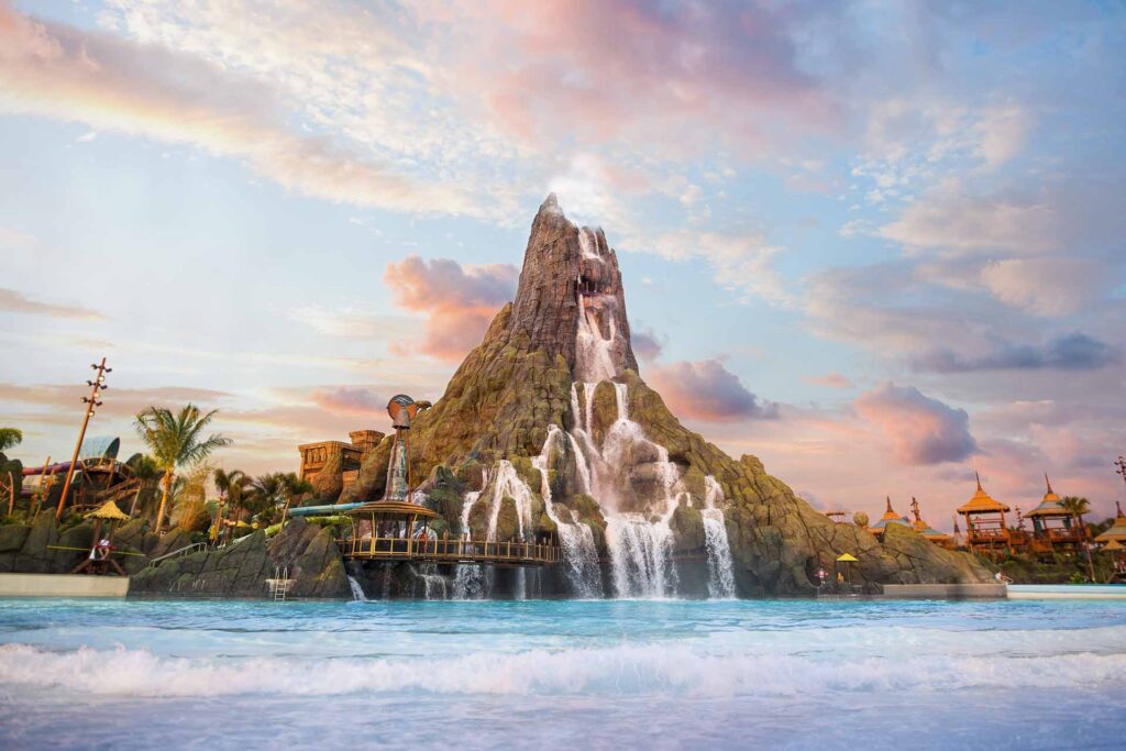 View of the volcano at Universal's Volcano Bay water park